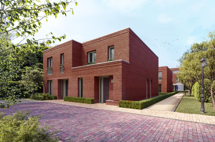 Moderne roodbruine stadswoningen in groen hof Utrecht strak metselwerk, hagen, vogels, ochtendlicht.