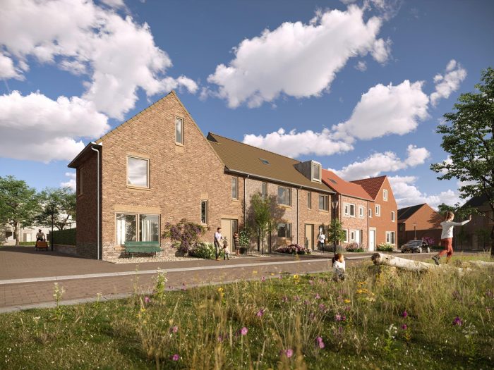 Nieuw Absbroek Geleen – impressie van bakstenen rijwoningen met variërende gevels en daken, hoekwoning met topgevel; spelende kinderen en groenstrook