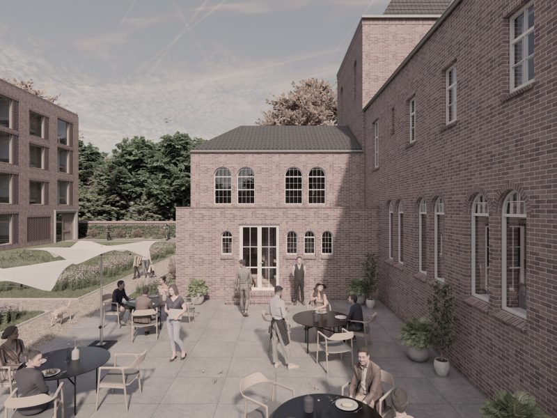 Impressie Transformatie Clarissenklooster – Hotel Clara Eindhoven, binnenhof met terras, baksteen en boogramen